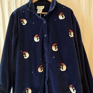 Quacker Factory Velour Shirt Pants Set 2X Santa Moon Embroidered Blue Christmas